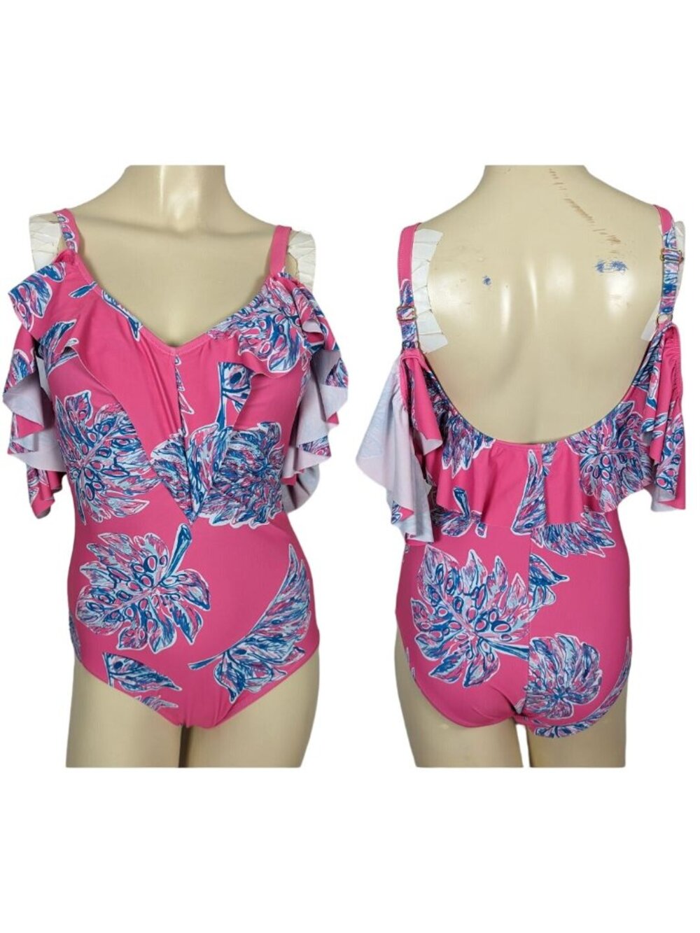 Nicole Miller One piece Leaves print pink blue cold shoulder ruffled Swimsuit S - Picture 1 of 13